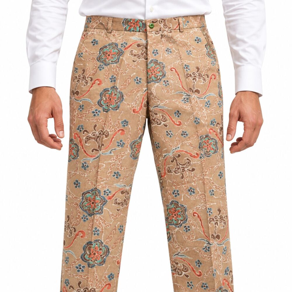 Mens 36 Tan Floral Cotton Dress Pants Straight Fit Flat Front Handmade Trousers